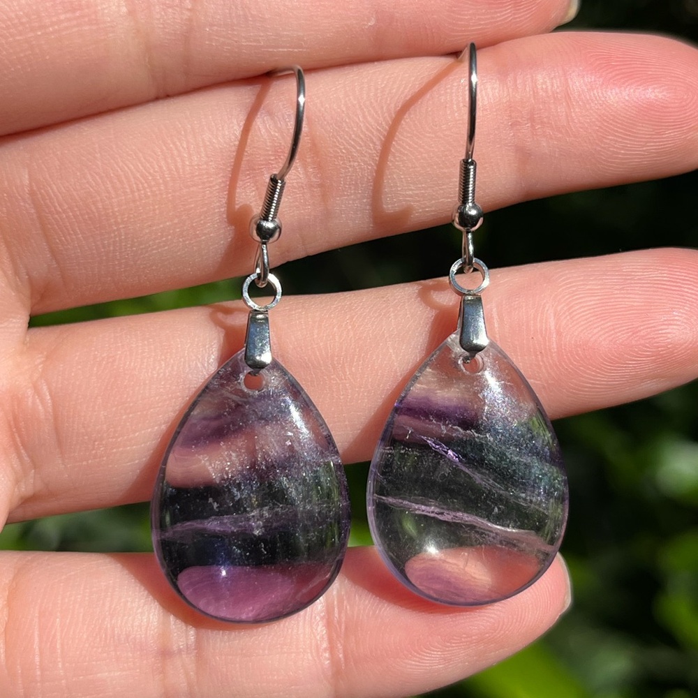Stainless steel purple fluorite‎ tear drop earrings